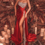 Gown Robe Dresses Summer New Women's Sequin Split Dress Long Slim Strapless Vestidos Red Evening Party Club Wear