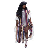 Toloer New Women's Dress Flounce Knitted Striped Slit Dress-Outfit