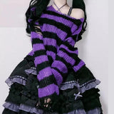 Pink Striped Gothic Sweaters Women Ripped Holes Loose Knitted Pullover Frayed Fairy Grunge Jumpers Emo Streetwear