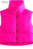 Solid Stand Collar Cropped Waistcoat Puff Vest Women Casual Sleeveless Zipper Jackets Autumn Winter Warm