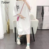 Women Summer Half-sleeve Printed Mid-calf Preppy Style Harajuku Loose H-line Fake-two Pieces Korean-style Simple