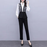 Suit 2022 Sexy Lace Patchwork Blazer Waist Tops+Slim Pencil Pants Trousers Office Lady Business Two Piece Pants