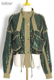 Army Green Jacket For Women Turtleneck Long Sleeve Patchwork Hit Color Pockets Casual Coats Female 2023 Fashion