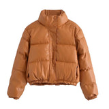Women Fashion Faux Leather Padded Jacket Thick Warm Parka Coat Vintage Long Sleeve Female Outerwear Chic