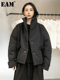 Black Warm Short Stand Collar Cotton-padded Coat Long Sleeve Loose Fit Women Parkas Fashion New Autumn Winter 2022