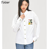 Women Shirts 2022 Autumn Long Sleeve Polo Neck Loose Blouse White Pure Cotton Cartoon Print Casual Streetwear