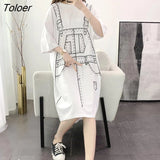 Women Summer Half-sleeve Printed Mid-calf Preppy Style Harajuku Loose H-line Fake-two Pieces Korean-style Simple