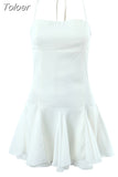 Spring Summer New Sexy Slim Fashion Women Halter Neck Tie Backless Pleated Short Strap Mini Dress