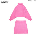 Women Fashion Loose Turtleneck Knit Sweater And High Elastic Waist A Line Mini Skirts Female Two Piece Sets Mujer