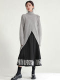 Gray Long Big Size Slit Knitting Sweater Turtleneck Long Sleeve Women Pullovers New Fashion Autumn Winter 2022