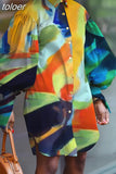 Print Colorblock Shirt For Women Lapel Collar Lantern Sleeve Button Through Blouse Female Korean Fashion Clothing