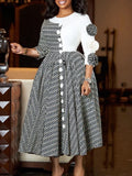 Women's New Fashion Elegant Round Neck Seven-Sleeve Print Spliced African