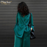 Fashion Long Sleeve Blazer Two Piece Sets Women Outifits Casual Loose Office Pants Set Elegant Green Satin Trouser