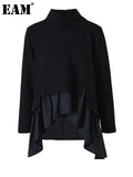 Loose Fit Black Ruffles Irregular Sweatshirt New Turtleneck Long Sleeve Women Big Size Fashion Spring Autumn 2023