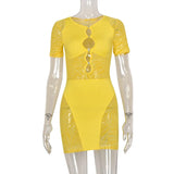 Sisterlinda Autumn Sexy See Through Bodycon Mini Dress Women Casual Street Short Sleeve Hollow Out Party Clubwaer Female