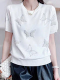 Summer Luxury Design Butterfly Nail Bead Short Sleeve Knit Sweater Korean Fashion Thin Casual Jumper Women Knitwear