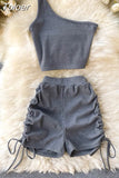 Casual Women 2 Piece Set Solid Summer Fashion One Shoulder Sleeveless Crop Top and Drawstring Shorts Workout