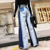 Casual Denim Patchwork Women Trousers High Waist Hit Color Large Size Wide Leg Pants Female Fashion Autumn 2023