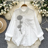 Day Shirt Women 2025 New French Heavy Industry Diamond Three-Dimensional Flowers Loose Thin Single-Drilled Chic
