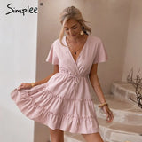 Party Summer V-neck light pink dress Casual solid high-waist lace-up ruffled women dress Elegant office ladies short dress