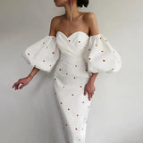 Graduation party Women Elegant Dress Lantern Sleeve Casual Strawberry Print Sexy Off Shoulder Party Mid Calf Dress Summer