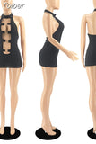 Color Round Buckle Hollow Front Skinny Dress Women Sexy Halter Backless Fitness Slim Birthday Club Outfits Party