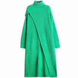 Women Blue Slit Big Size Knitting Long Dress New Turtleneck Long Sleeve Loose Fit Fashion Tide Spring Autumn 2023