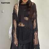 Gothic Hollow Out Sweater Hole See Through Oversized Knitted Pullovers Emo Streetwear Grunge Clothes Y2k Tops