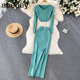 Autumn Fashion Two Pieces Suits V Neck Mini Top+ Hight Waist Slim Long Dress Women Streetwear Solid Knitted