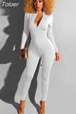 Casual Zipper Up Rompers Womens Jumpsuit Deep V Neck Full Sleeve One Piece Overall Casual Workout Skinny