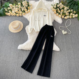 Wind Pink Tie With Thin Hooded Knitted Long-Sleeved Sweater High-Rise Broad Leggings Embroidery