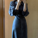 Fashion Long Sleeve Shirt Dress Women Autumn Vintage Midi Jacket Dresses Za Female Casual Loose Party Robe Maxi Bandage