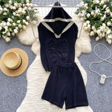 Fashion Set Women's Summer Design Three-Dimensional Relief Hooded Sleeveless Knitted Tops High Waist Broad Leg