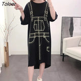Women Summer Half-sleeve Printed Mid-calf Preppy Style Harajuku Loose H-line Fake-two Pieces Korean-style Simple