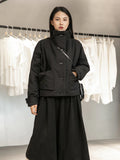Black Warm Short Stand Collar Cotton-padded Coat Long Sleeve Loose Fit Women Parkas Fashion New Autumn Winter 2022