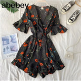 Women Rompers casual wide leg pants overalls short sleeve v neck solid playsuits summer beach chiffon ruffle