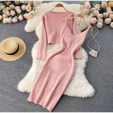 Beading Knitted Women Sets Loose Long Sleeves Sweater+ Solid Elastic Dress French Style Casual Two Piece