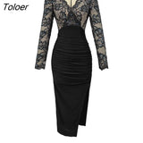 Women Evening Dress Chic Lace Floral Sexy See Through V-Neck Skinny Folds Slit Midi Party Gown Robe Femme Mujer