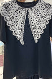Woman Tshirts Lace Hollow Out Crochet Turn Down Collar Patchwork Short-sleeved Shirt Summer Casual Tops Clothing