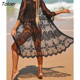 Bohemian Sexy Beach Bikini Cover Up Tunic Pareo Crochet Lace Women 2023 Summer Holiday Swimwear Sunscreen Cardigan