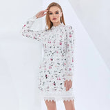 Print Lace Panel Slim Dress For Women Round Neck Long Sleeve High Waist Colorblock Dresses Female Fashion New