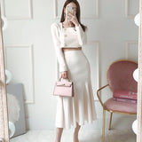 Korean Autumn Women 2 Piece Set Office OL Elegant Square collar Puff Sleeve Crop Tops+High waist Mermaid Bodycon Skirt