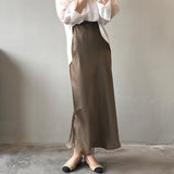 Women's High Waist Side Slit Hems Maxi Satin Skirt Elastic Waist Long