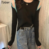 Designer Knitted Hollow Out Sweater Women 2023 Long Sleeved Short Pullover Woman Round Neck Elastic Cropped Tops