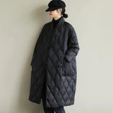 2021 New Women's Oversized Literary Stand Up Collar Solid Color Press Line Grid Medium Long White Duck Down Jacket For