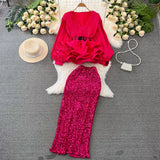 Suit Female Temperament Lantern Long Sleeve V Collar Lotus Leaf Swing Bright Shirt Female High-Waist Lysic Half