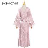 Patchwork Feather Long Sleeve Dress Women V Neck Lace up Casual Dresses Female Fashion Clothes 2022 Spring