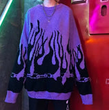 Winter Harajuku Flame Knitting Batwing Sleeve Sweater Casual Long Women Tide Printed Sweater Loose Boyfriend
