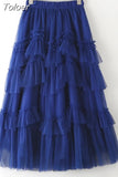 Casual Purple Patchwork Ruffle Ball Gown For Women High Waist Design Solid Elegant Mesh Skirts Female Summer Fashion
