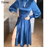 Elegant Evening Dresses Navy Hollow Out Woman Satin Midi Party Dress Autumn Lantern Sleeves Sliky Keyhole Dress